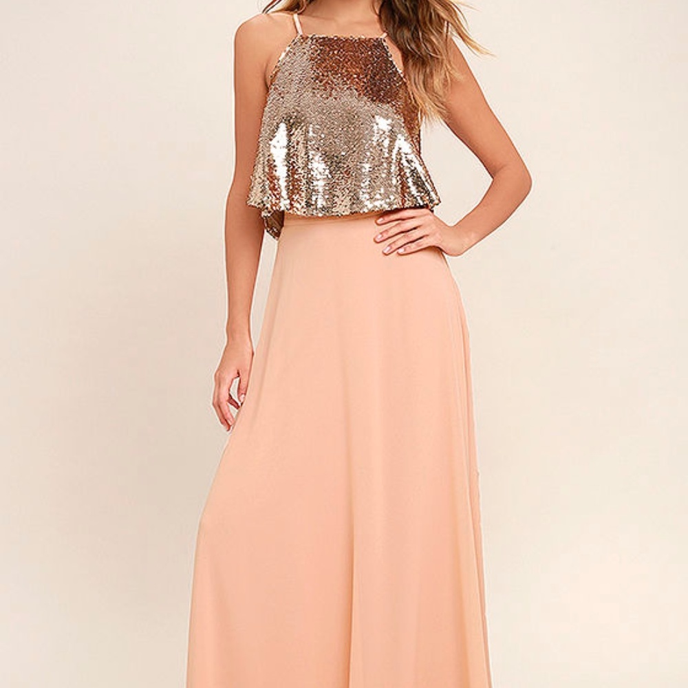 Lulus Wow Rose Gold Sequin Two Piece Maxi Dress